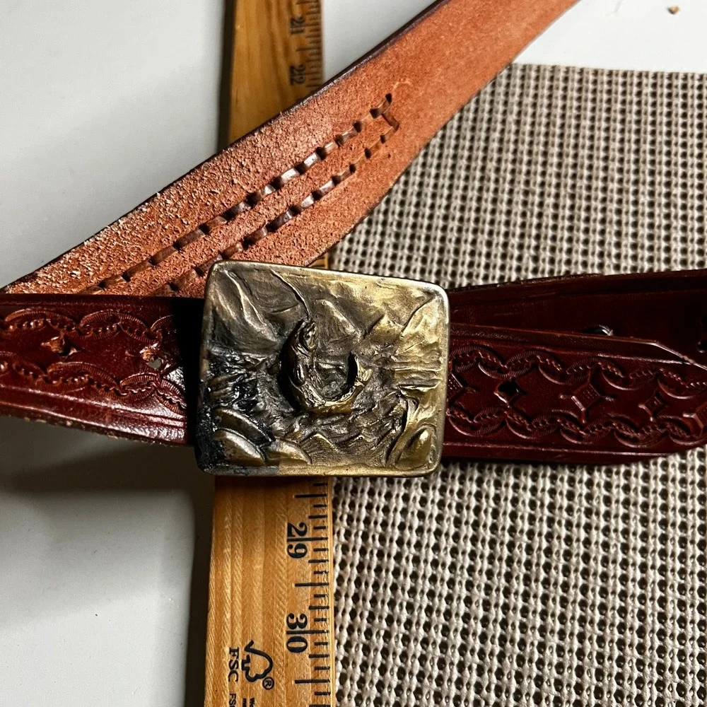 Vintage Adeze Denver 1975 Jumping Trout Brass Buckle Tooled Leather Belt 40